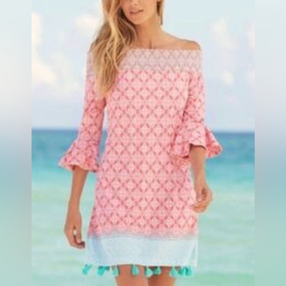 Cabana Life Off the shoulder, Coral tides Vibrant Coral and Teal Patterned Dress